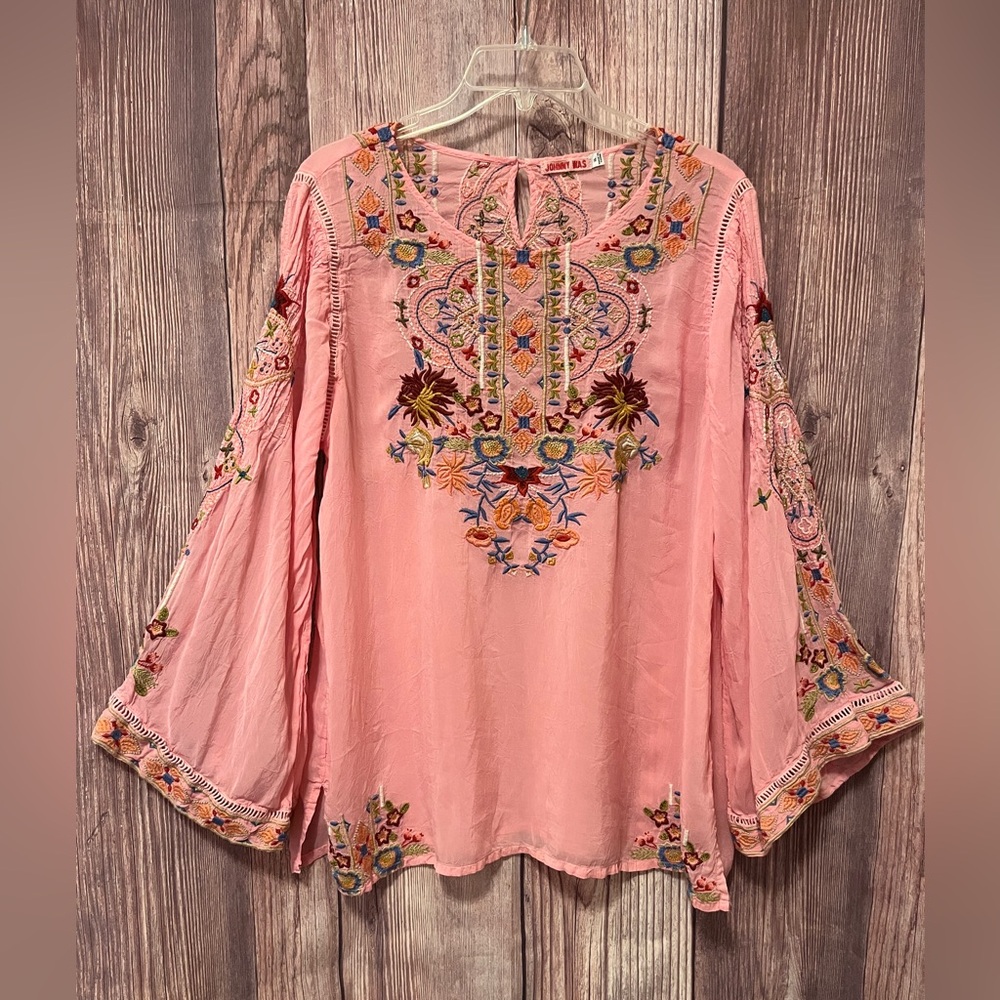 Johnny Was Pink Embroidered Boho Blouse
